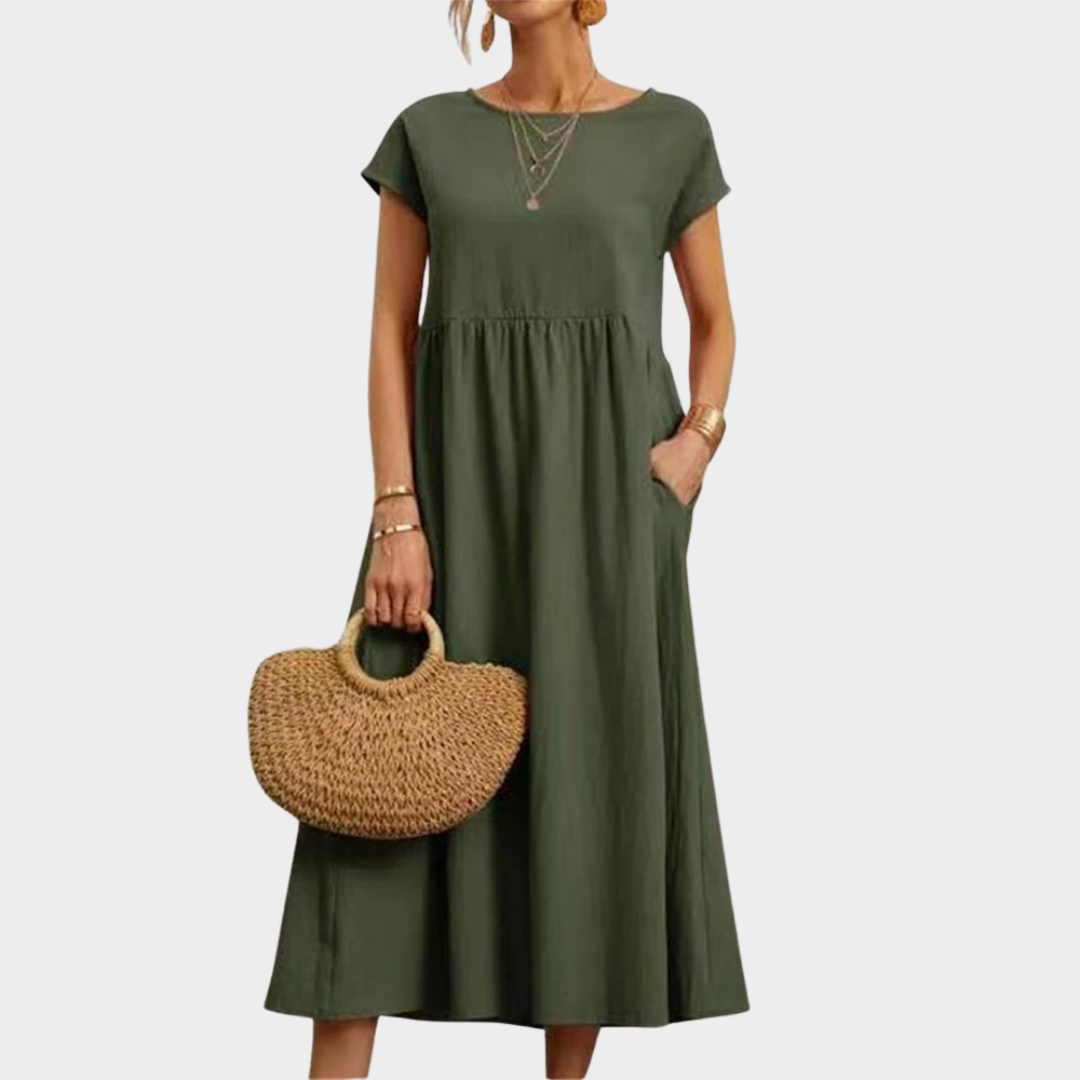 Women’s Midi Dress – Short Sleeve Oversized Fit – Cotton Linen Blend – Harajuku Style – Multiple Colours