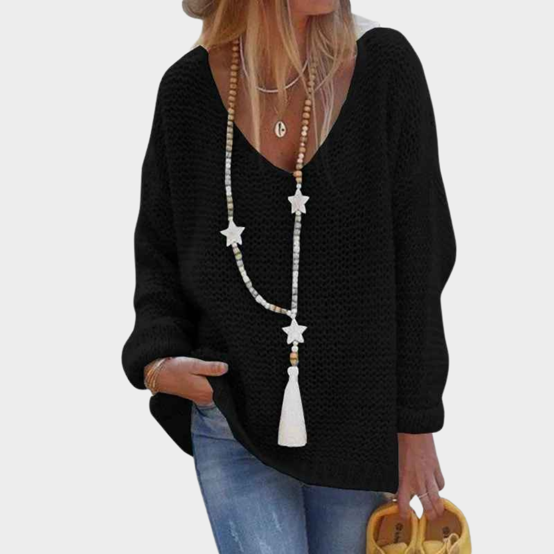 Women's V Neck Long Sleeve Knitted Loose Sweater – Hollow Out Pullover Knitwear Top – Multiple Colours