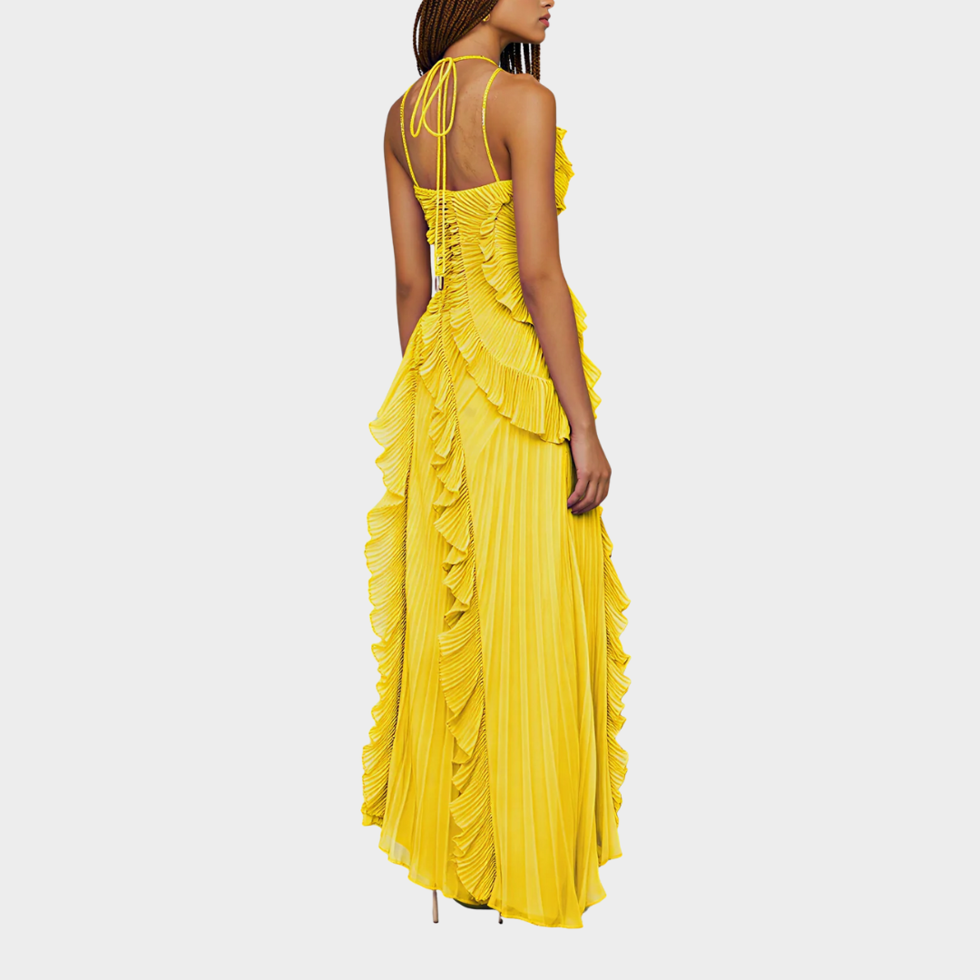 Women Pleated Frill Halter Neck Maxi Dress – Elegant Sleeveless High Stretch Dress with Asymmetrical Hem and Flowing Pleated Texture – Multiple Colours