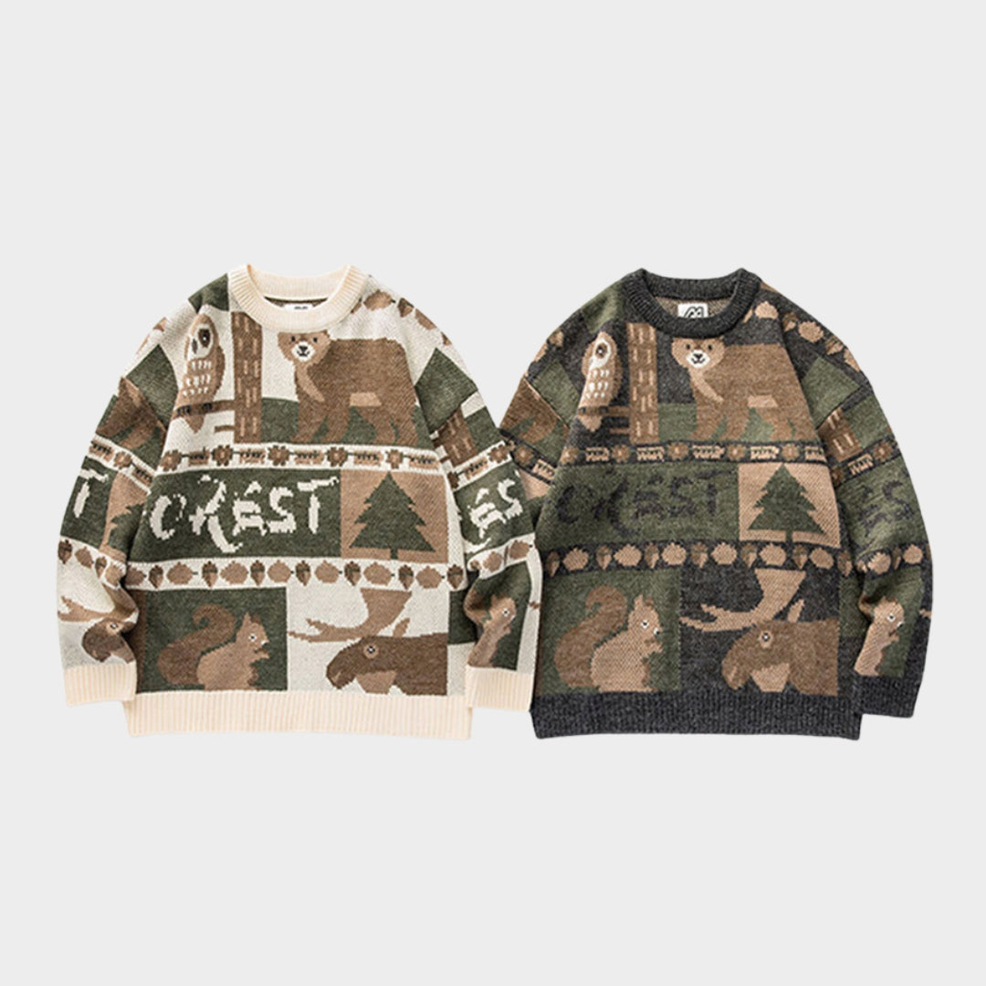 Mens Winter Vintage Sweater - Japanese Cute Bear Knitted Harajuku Streetwear, Black & White