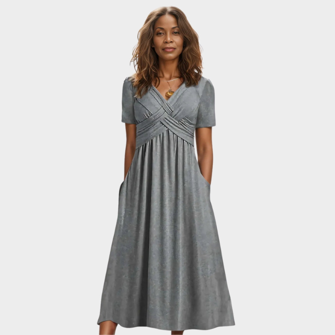 Women's Solid-Colored Summer Dress – V-Neck, Short Shoulder Sleeves, Casual Fit, Lightweight Fabric