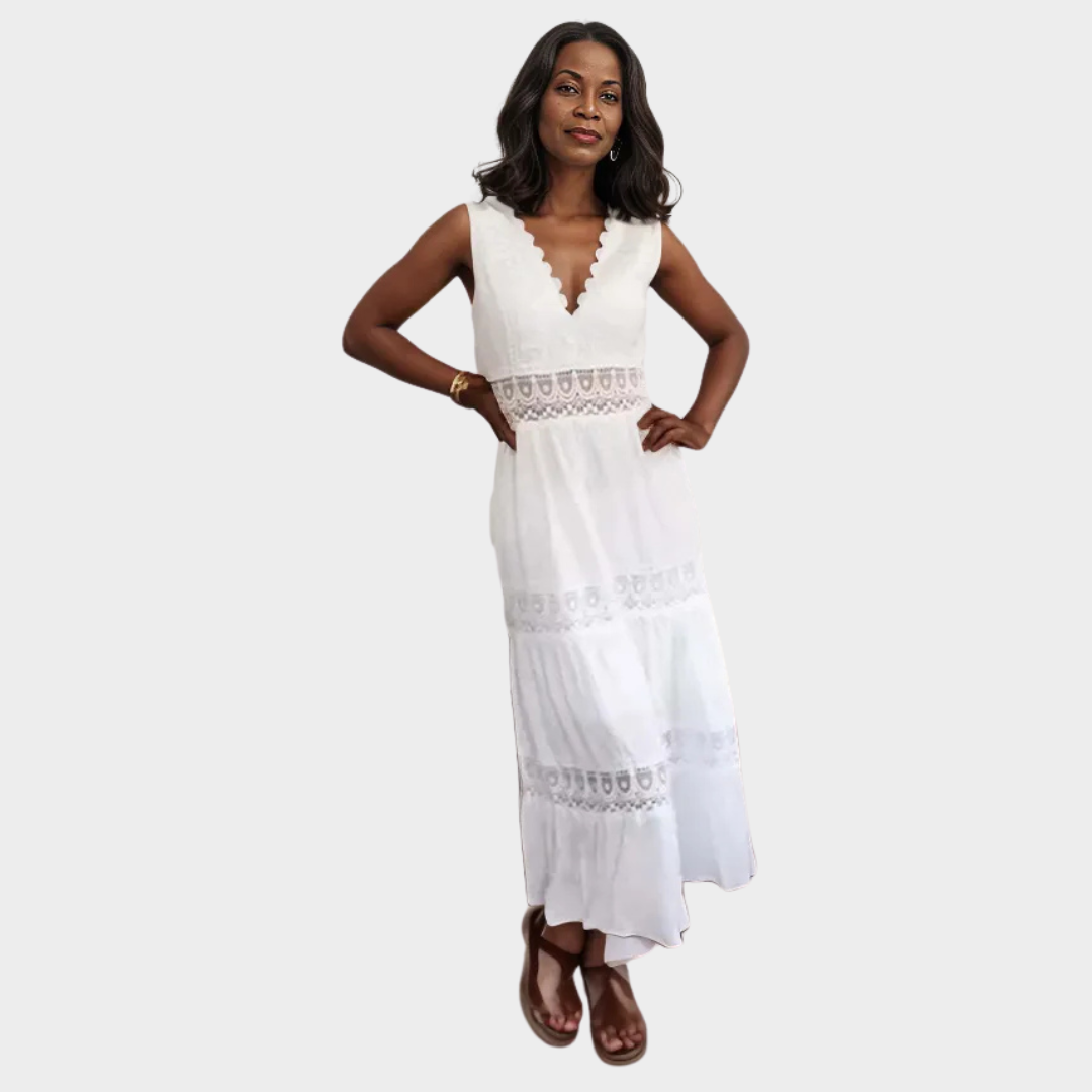 Women's Elegant Lace Dress – Sleeveless V-Neck for Chic Occasions - White
