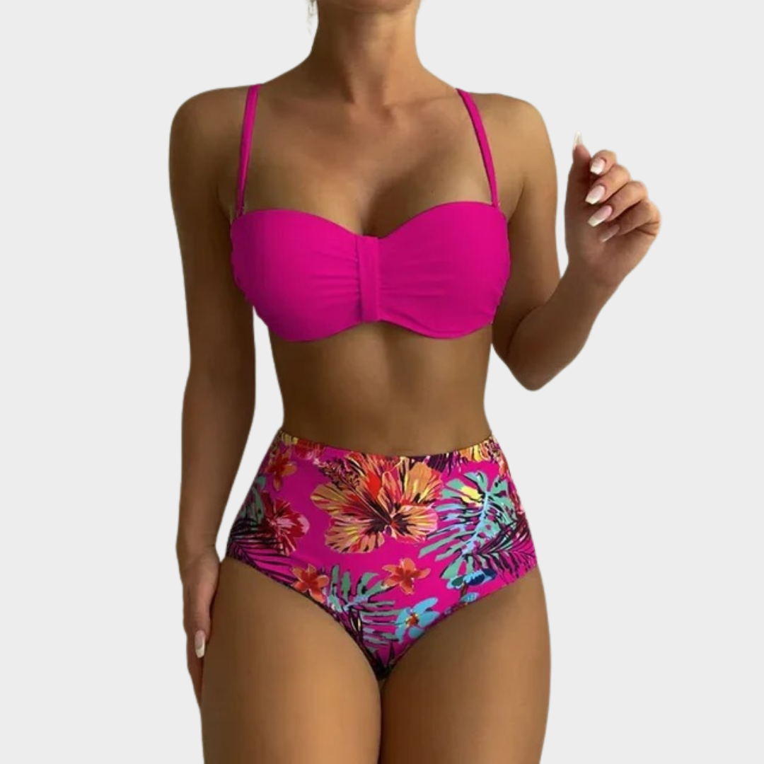 Women Two-Piece Bandeau Bikini – High Waist Tropical Print Push-Up Swimwear – Strapless Bathing Suit Set – Multiple Colours