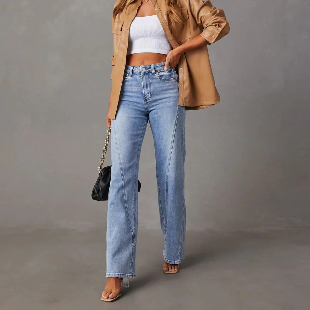 Women’s Jeans – Wide Leg Loose Fit Denim Trousers – Splicing Design Casual High-Rise Pants – Blue