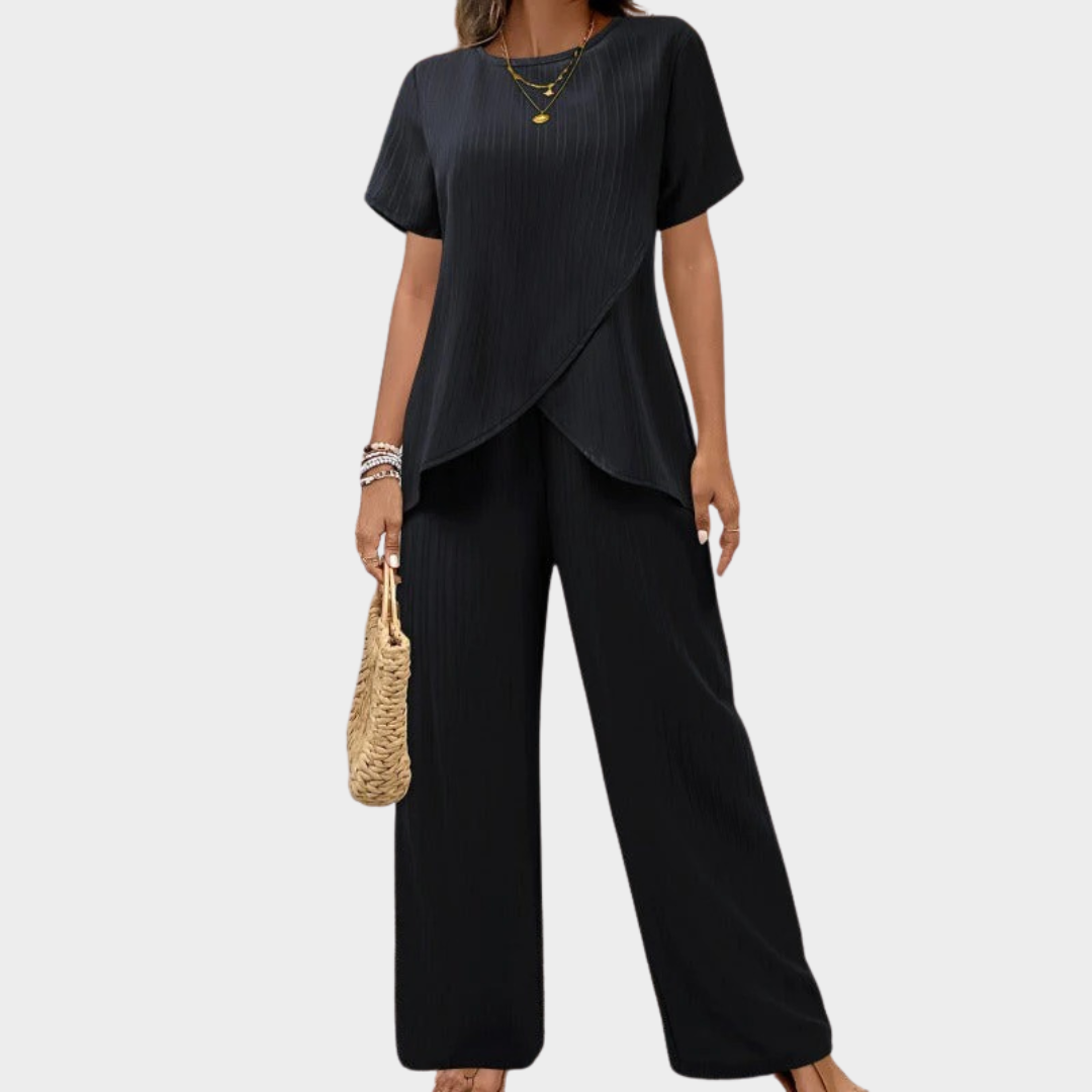 Women Two-Piece Set – Round Neck Short Sleeve Top with Irregular Split and Elastic Waist Trousers – Multiple Colours