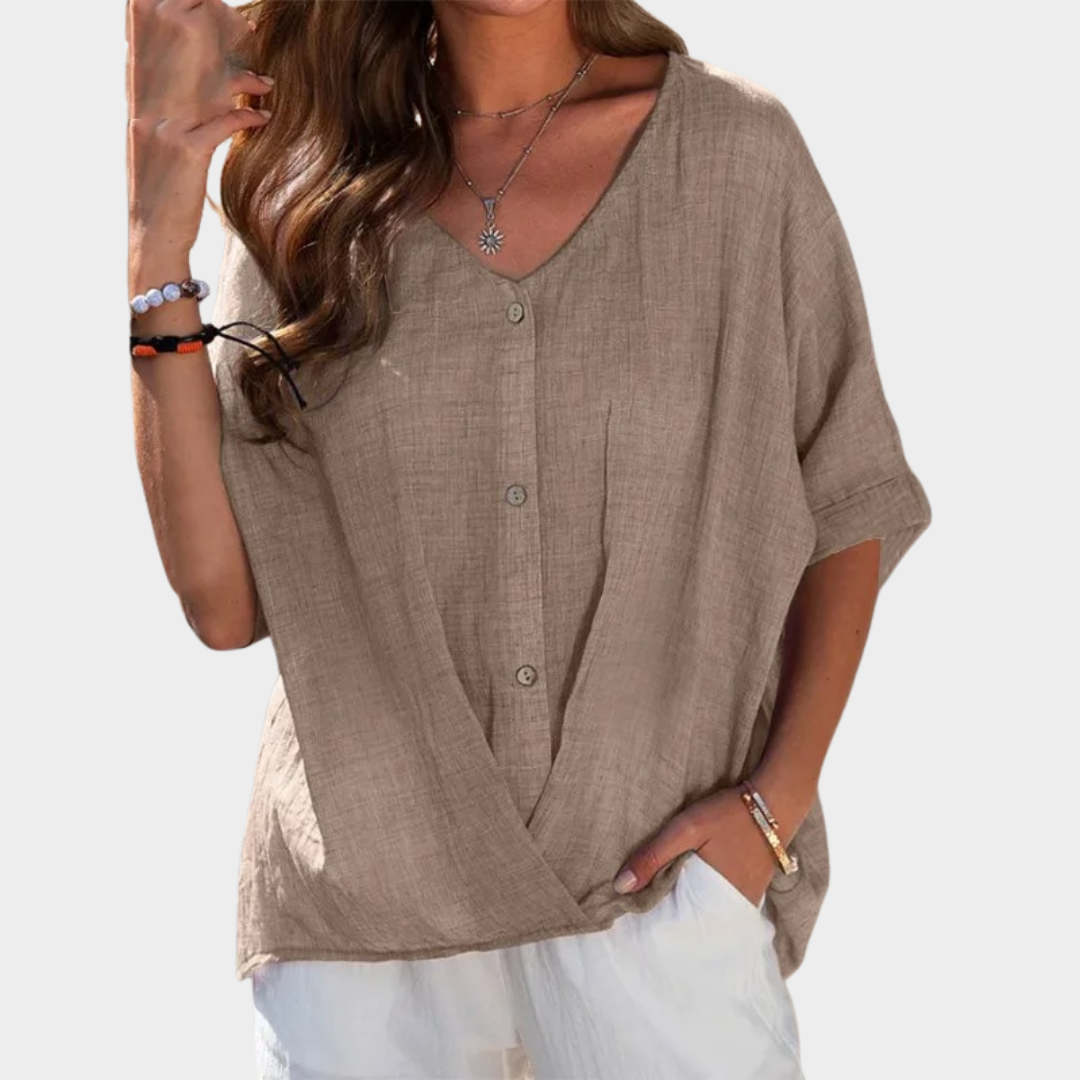Women’s Blouse – Oversized Fit – V-Neck – Button Front – Half Sleeve – Multiple Colours