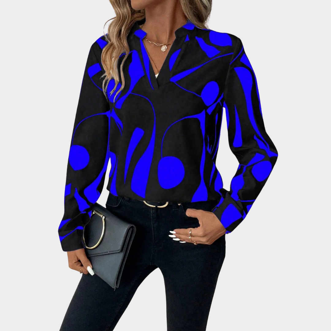 Women’s Relaxed Fit Blouse – V-Neck Abstract Print – Long Sleeve Luxury Fabric – Multiple Colours