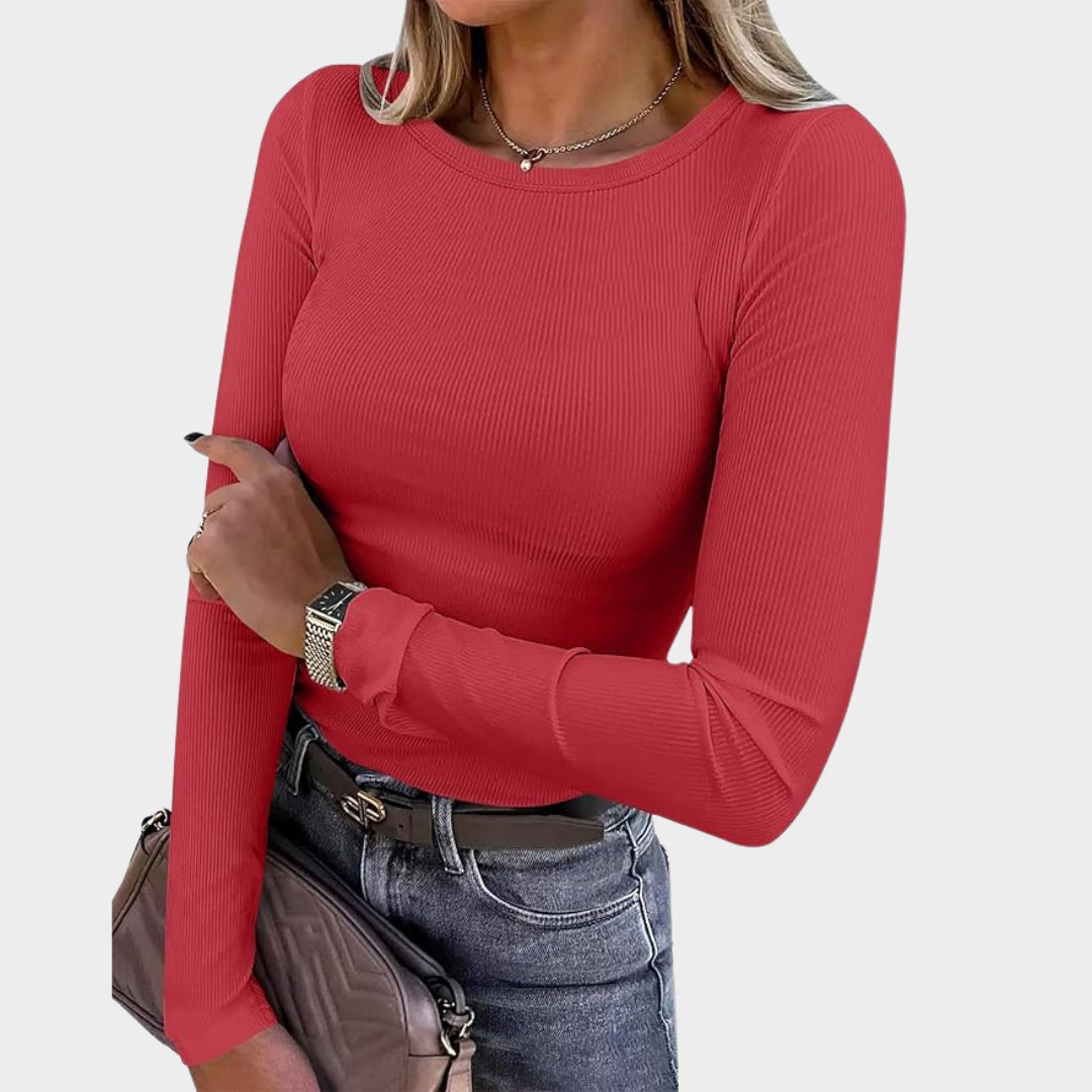 Women's Long-Sleeve Ribbed Knit Top - Crewneck - Slim Fit Basic Tee - Casual & Versatile - Multiple Colours