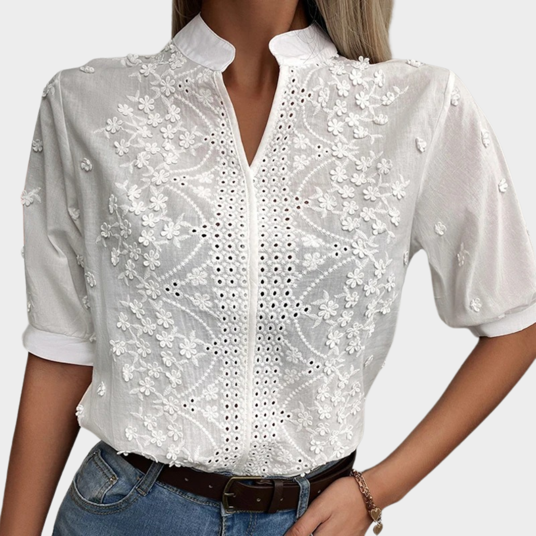 Women’s Short Sleeve V-Neck Lace Blouse – Elegant Floral Embroidery with Hollow Out Detail – White