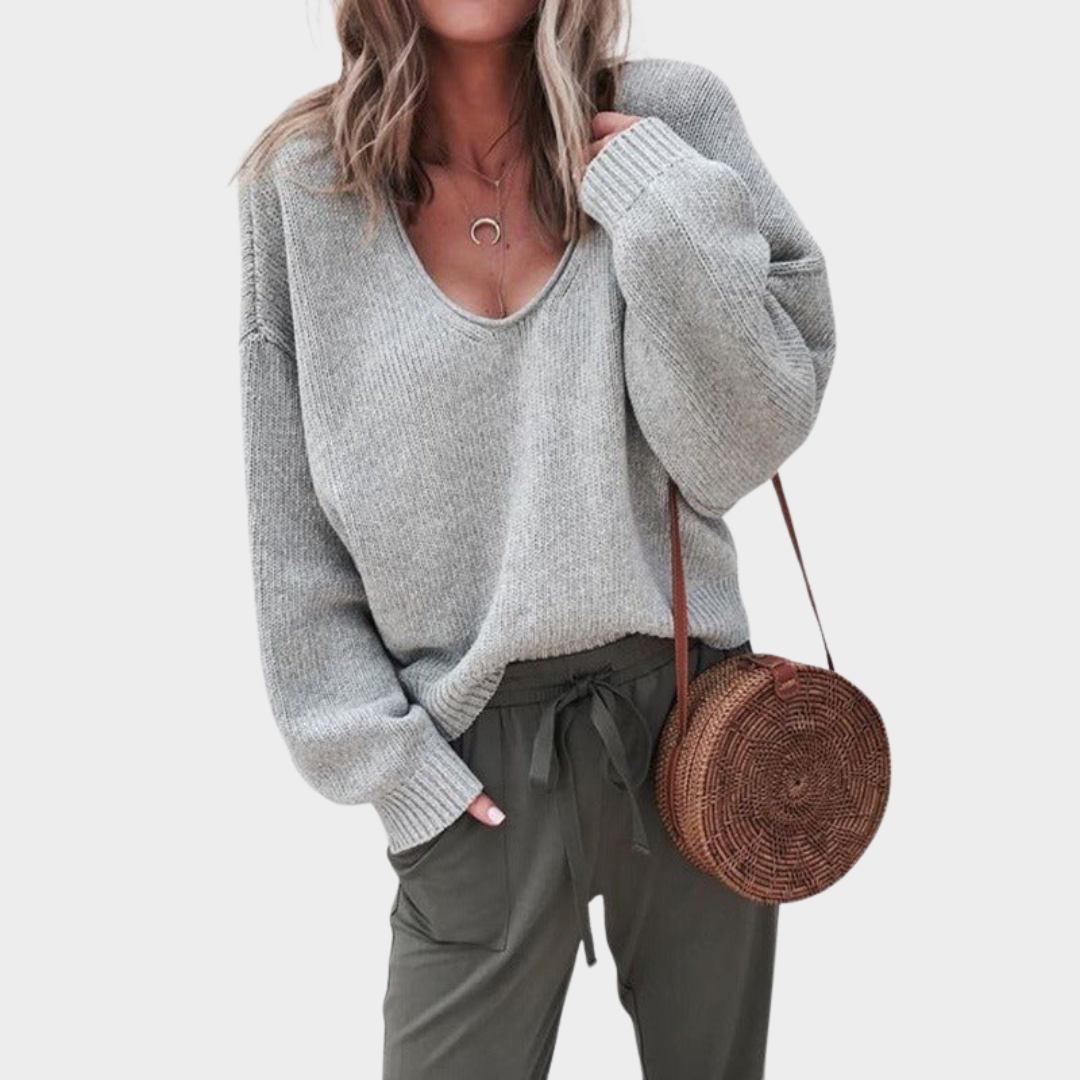 Women's Knitted V-Neck Sweater – Long Sleeve Loose Fit Pullover – Multiple Colours