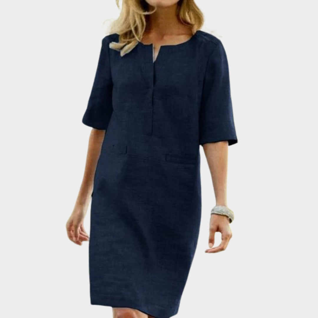 Women's Knee-Length Cotton Dress – Round Neck – Half Sleeve – Loose Fit – Multiple Colours