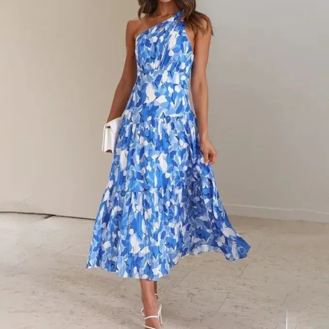 Open Back Women's Long Dress – A Line Elegant Fit Printed Detail – Lightweight Cross Back Vacation Gown – Blue
