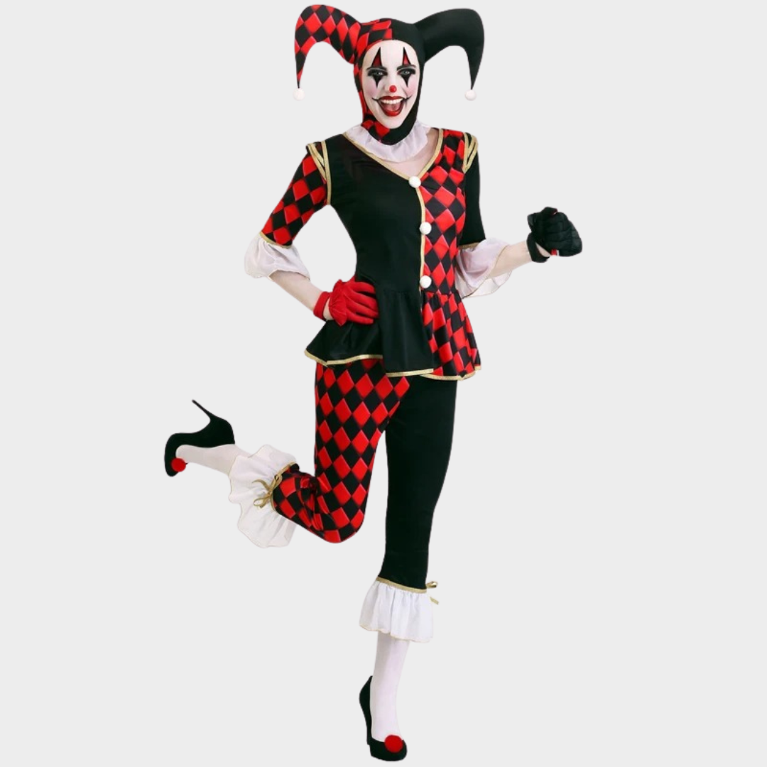 Women Creepy Circus Clown Halloween Costume – Evil Jester Cosplay Dress for Carnival Role Play and Fancy Horror Party Outfit – Red / Black
