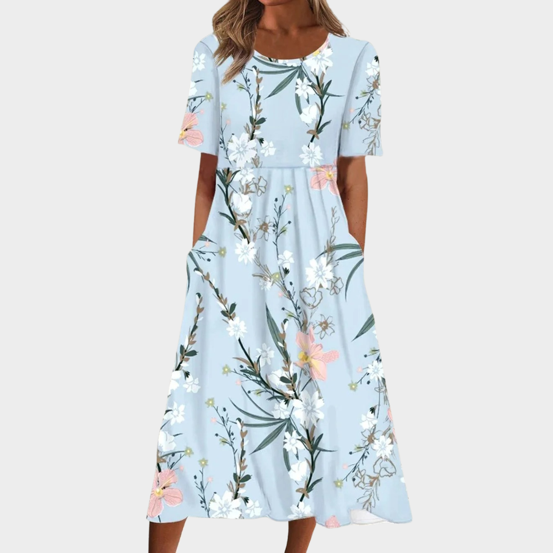 Women’s Maxi Dress – Boho Style – Loose Fit – Floral Print – O-Neck – Short Sleeve – Multiple Colours