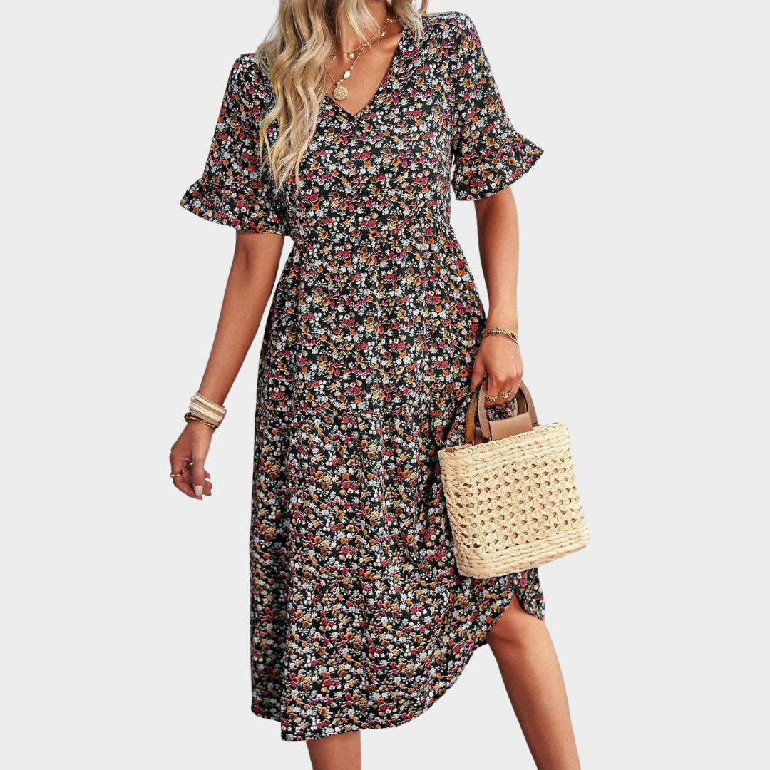 Women's Floral V-Neck A-Line Dress – Short Sleeve – High Waist – Lightweight Printed Fabric – Multiple Colours