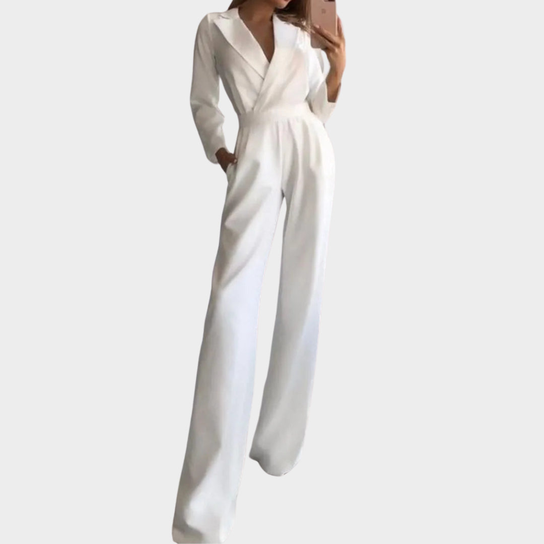 Women's Long Sleeve Jumpsuit – V-Neck – Wide Leg – Elegant One-Piece – Slight Stretch – Multiple Colours