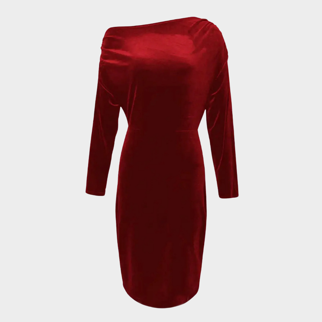 Women’s Velvet Off-Shoulder Bodycon Dress – Long Sleeve Slim Fit Knee-Length Elegant Evening Party Wear – Red