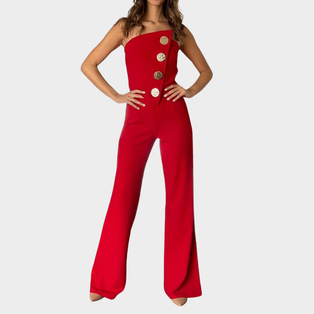 Women Strapless Flared Jumpsuit – Tailored Fit – Decorative Buttons – Smooth Blend – Multiple Colours