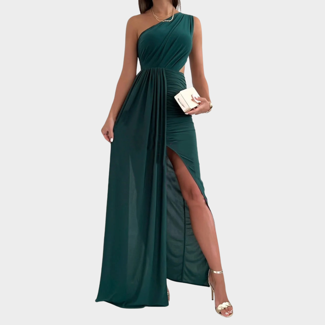 Women One Shoulder Evening Dress – Slim Fit – Draped Slit – Cut-Out Waist – Smooth Blend – Multiple Colours