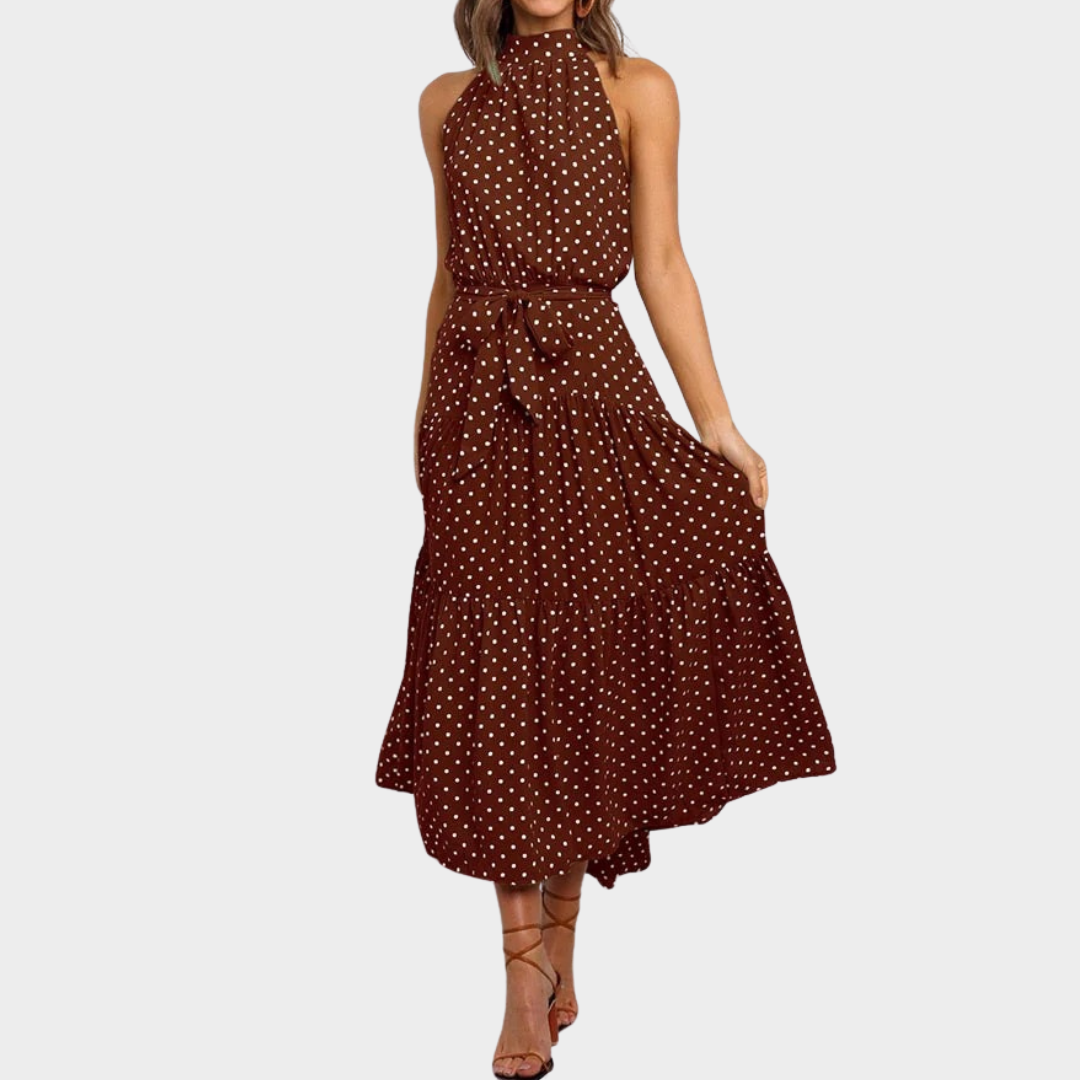 Women Halter Neck Long Dress – Polka Dot Belted Fit Flowy Silhouette – Multiple Colours