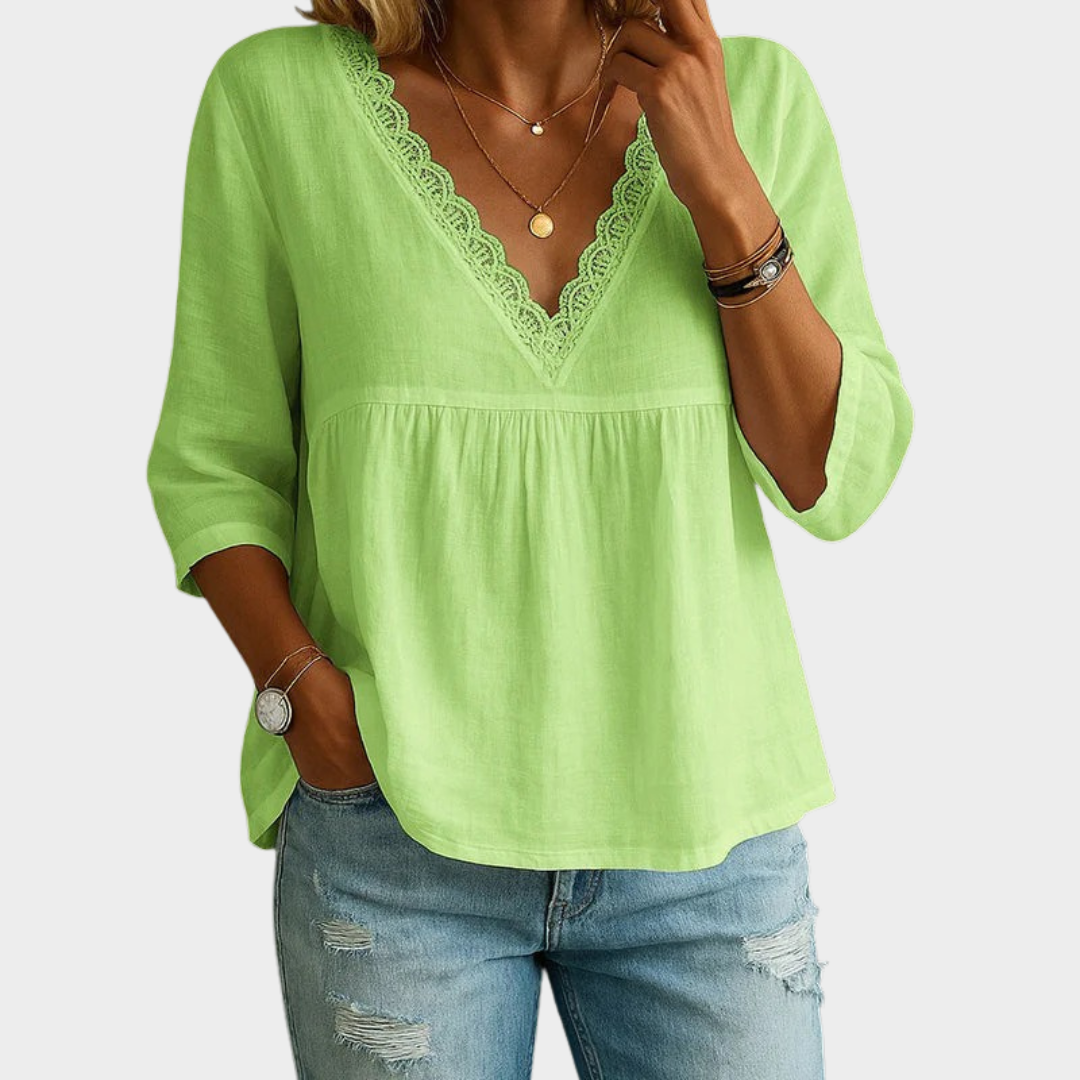 Women’s Relaxed Fit V-Neck T-Shirt – 3/4 Sleeve with Lace Trim – Soft Lightweight Fabric – Multiple Colours