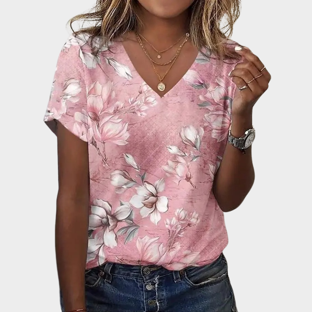 Women’s Floral V-Neck T-Shirt – Short Sleeve Loose Fit Casual Top – Cotton-Polyester Fabric – Multiple Colours