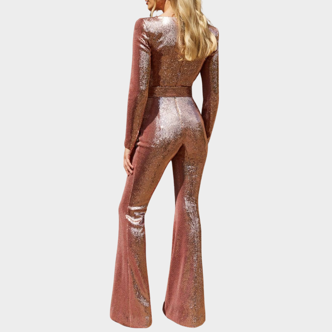Women's Evening Jumpsuit – Long Sleeve – Belted Waist – Sequined Fashion – Elegant Design – Multiple Colours
