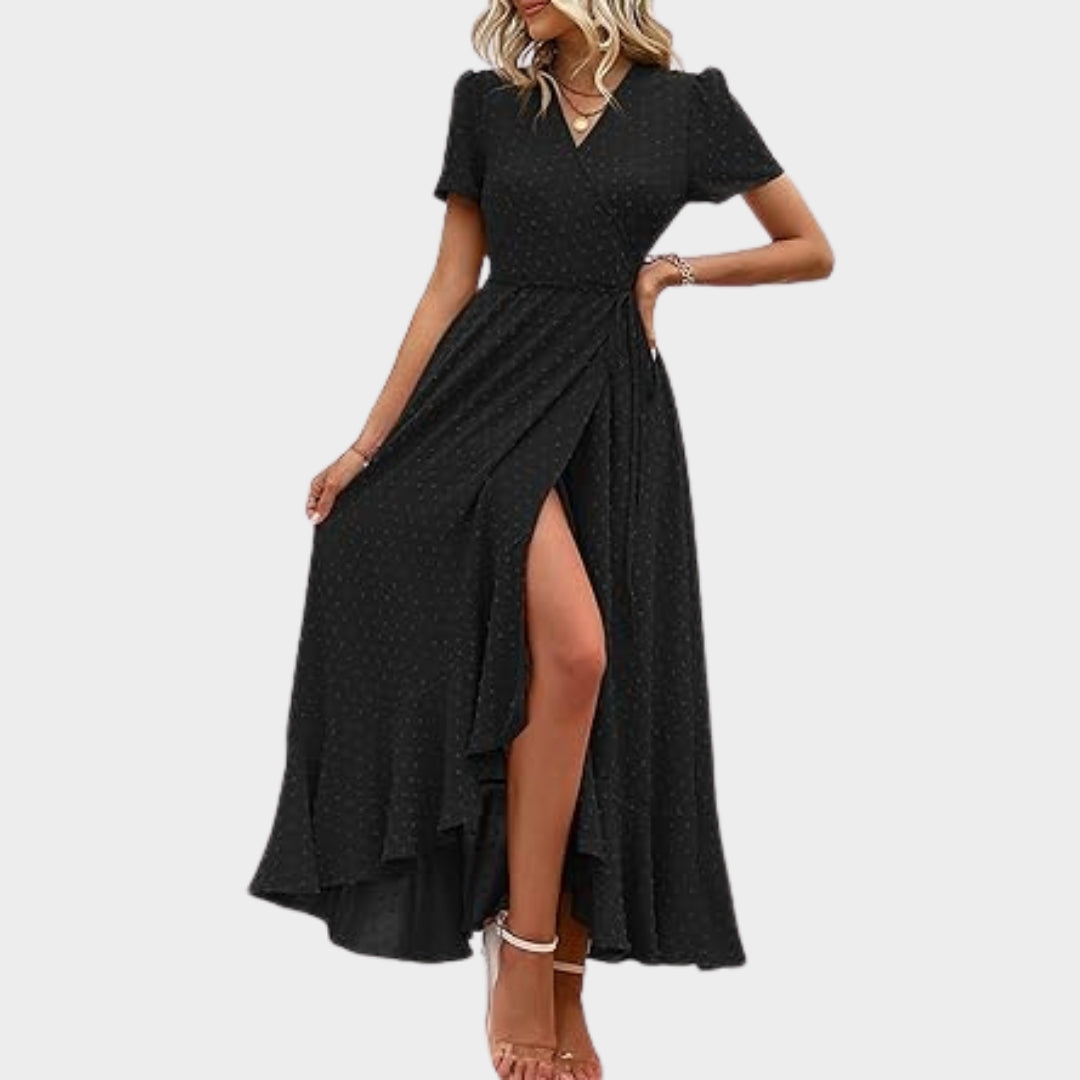 Women's Floral Wrap Maxi Dress - V-Neck - Short Sleeve - Ruffle Hem - Boho Beach Style - Multiple Colours