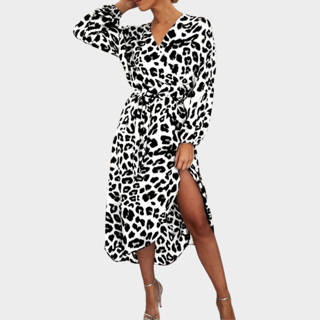 Women’s Knee-Length Dress – V Neck Asymmetrical Long Sleeve Fit – Leopard Print Style – Multiple Colours