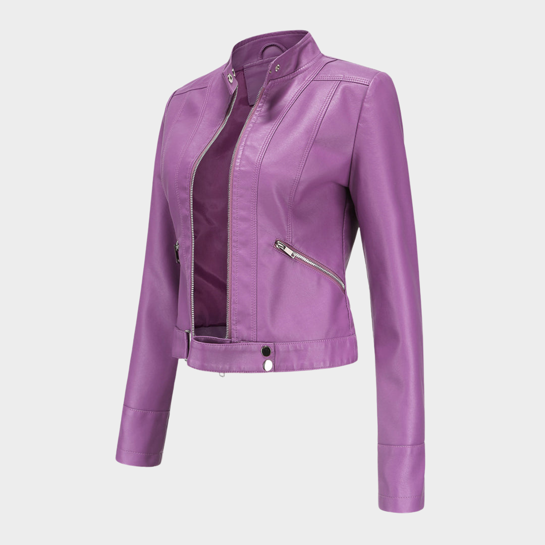 Women's Slim Fit Leather Jacket – Short Length – Stand Collar – Stylish Outerwear – Multiple Colours