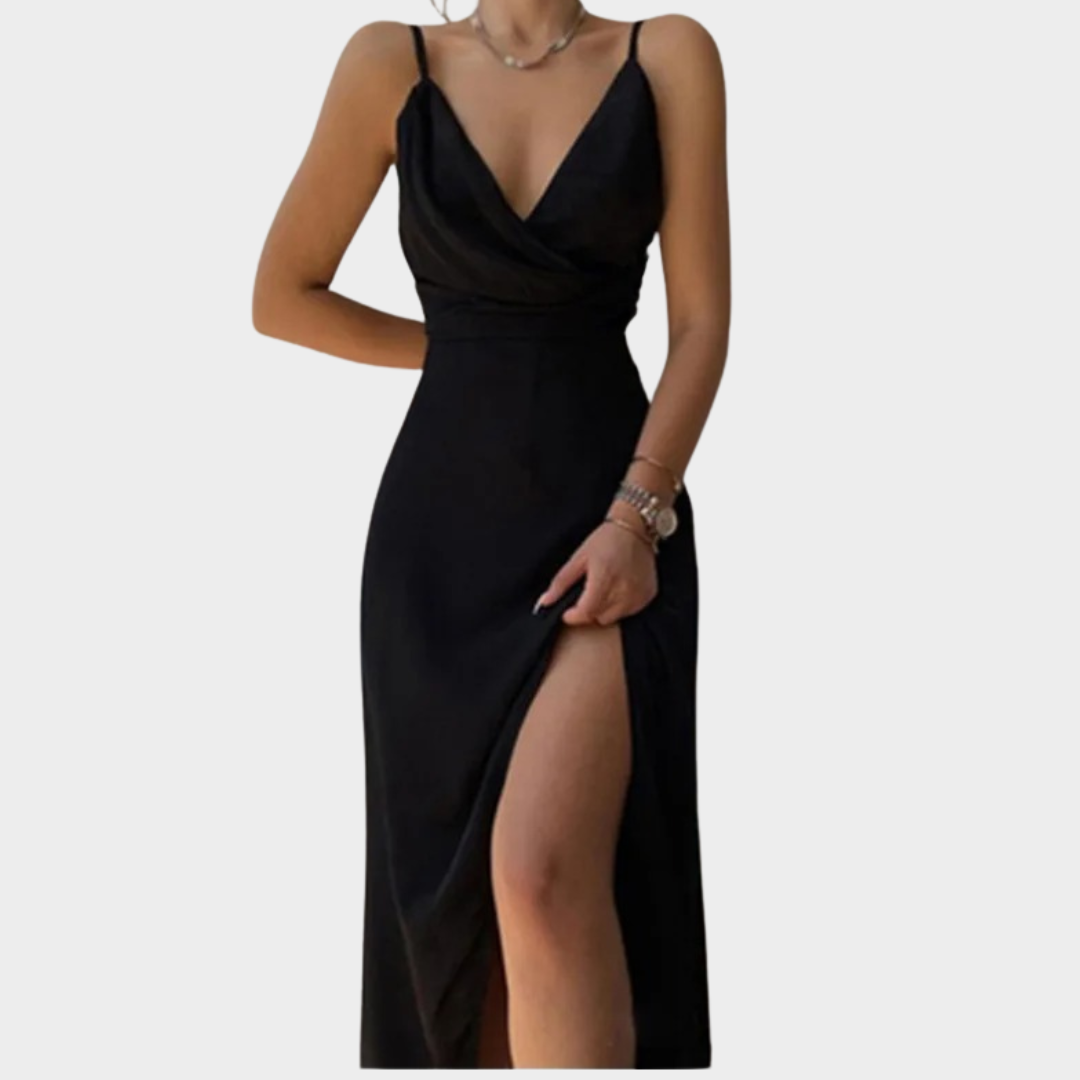 Women's Evening Maxi Dress – Sleeveless V-Neck High Waist Slit – Draped Halter Fit – Elegant Partywear – Soft Polyester – Multiple Colours