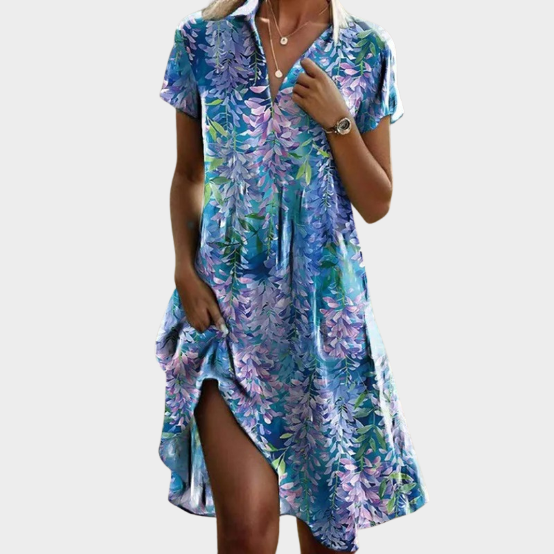 Women's V-Neck Bohemian Dress – Short Sleeve Long Skirt with Pockets – Cotton-Polyester Blend – Multiple Colours