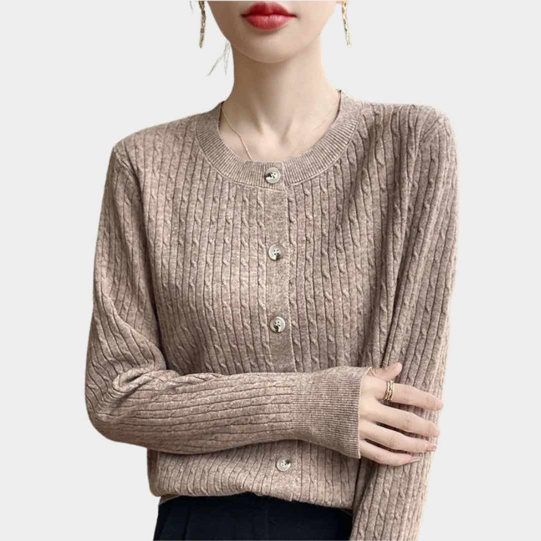 Women’s 100% Merino Wool Sweater – O-Neck Hollow Twisted Cardigan, Long Sleeve Knitted Top, Multiple Colors
