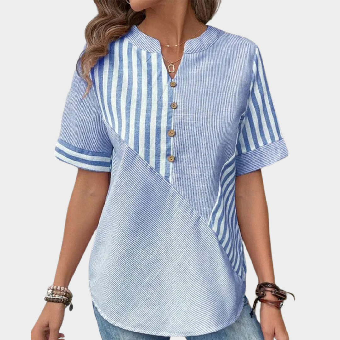 Women’s Striped Asymmetric Blouse – Short Sleeve Loose Fit Shirt – Cotton-Linen Blend Casual Top with Modern Print – Multiple Colours