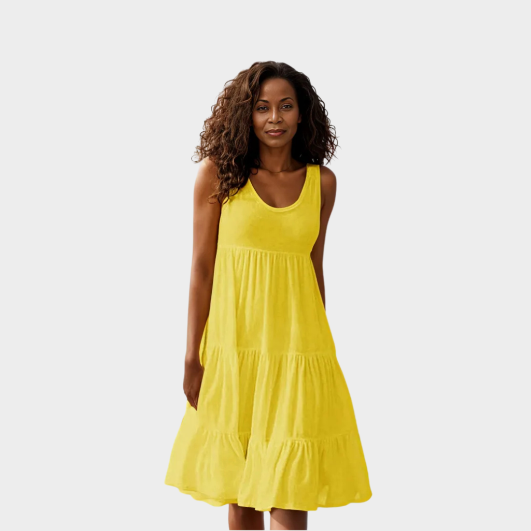 Women's Sleeveless Summer Midi Dress – O-Neck Loose Fit with Ruffles (Black, Yellow, Green, and More)