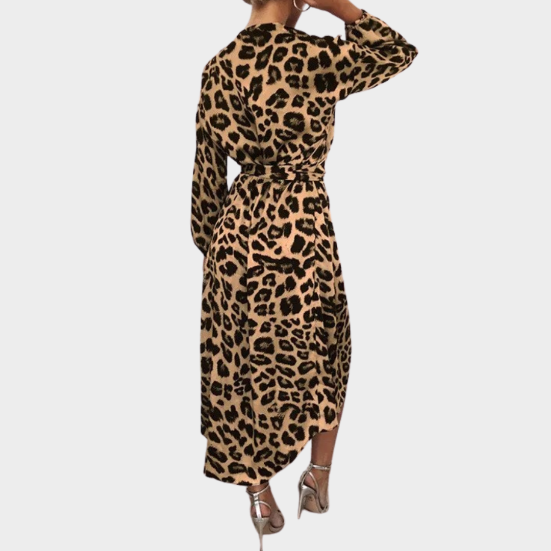 Women's Long Sleeve Midi Dress – Slim Fit – Side Split – Leopard Print with Spliced Fold Detail – Multiple Colours