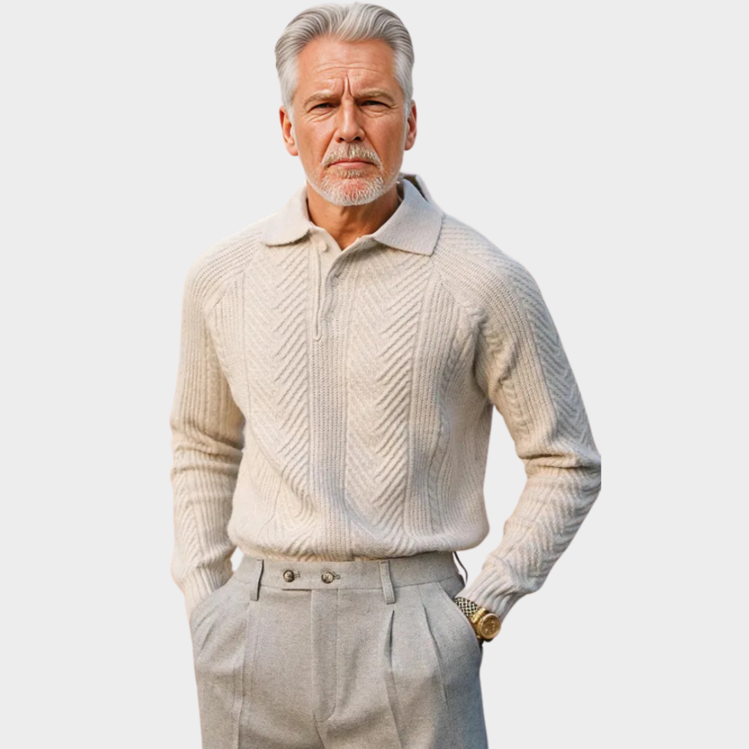 Men’s Thick Knitted Sweater – Slim Fit Shawl Collar Pullover, Warm Fall & Winter Wear, Beige & Grey