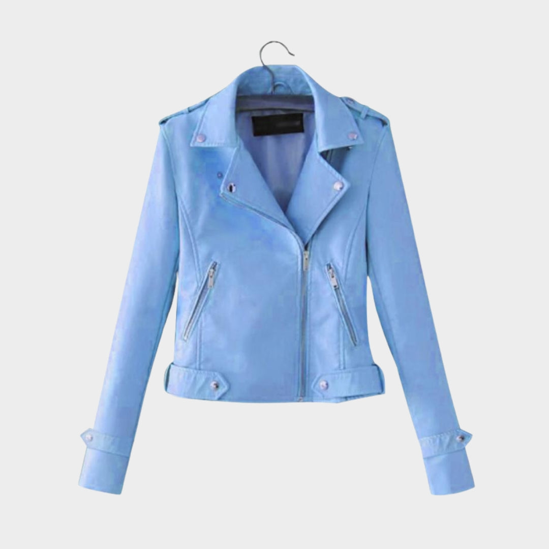 Women’s PU Leather Jacket – Slim Fit Zipper Coat, Faux Leather Outerwear (Light Blue, Black, and More)