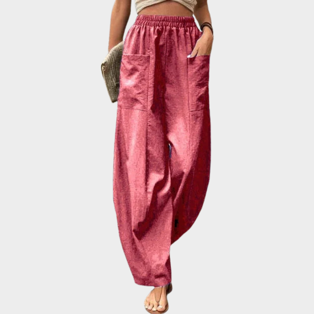 Women’s High Waist Wide Leg Trousers – Elastic Waist with Pockets – Vintage Solid Colour – Comfortable Fit – Multiple Colours