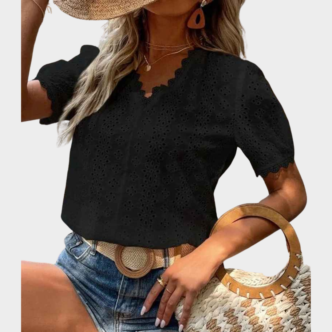 Women Blouse – Short Sleeve Hollow Out Design Lace Detail with Comfortable Fit – Multiple Colours