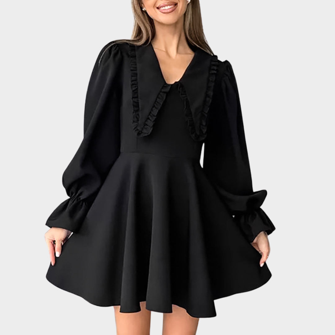 Doll Collar Dress - Women's Long Sleeve A-Line Dress - Waist-Defined Fit - Black