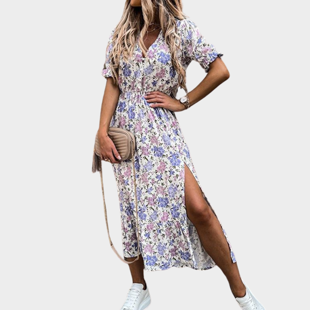 Women’s V-Neck Slit Maxi Dress – Floral Print with Button Detail – Short Sleeve Elegant Fit – Lightweight Fabric – Multiple Colours