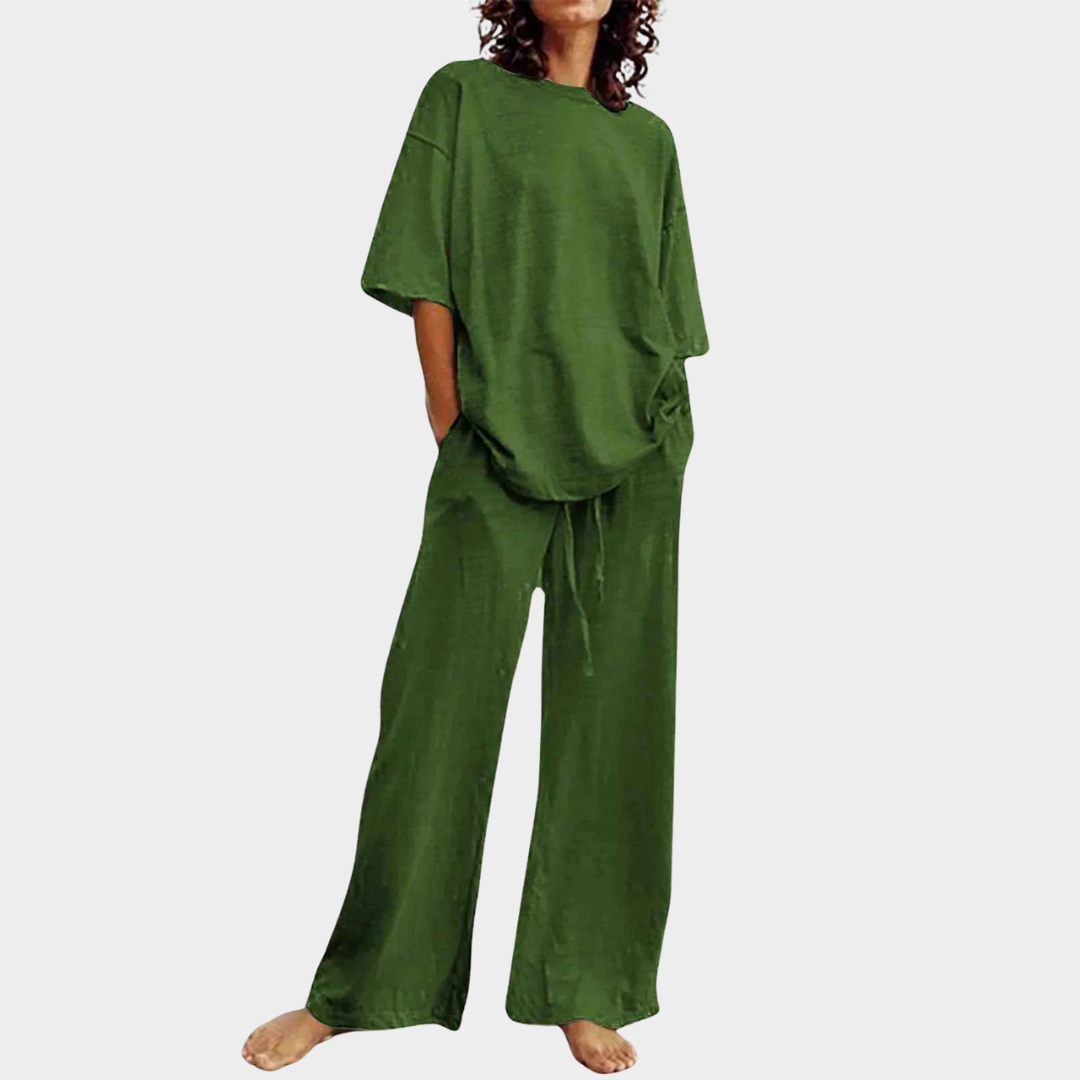 Women Two Piece Set – O-Neck Half Sleeve Belted Top with Pockets and Bell Bottom Trousers Cotton Blend – Multiple Colours