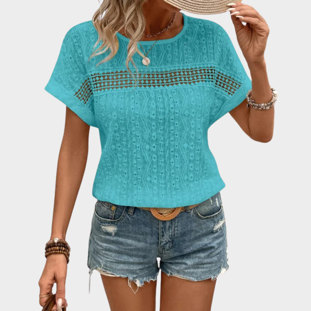 Women’s Short Sleeve Blouse – O-Neck Loose Fit Top with Hollow-Out Detail – Elegant Lightweight Design – Soft Fabric – Multiple Colours