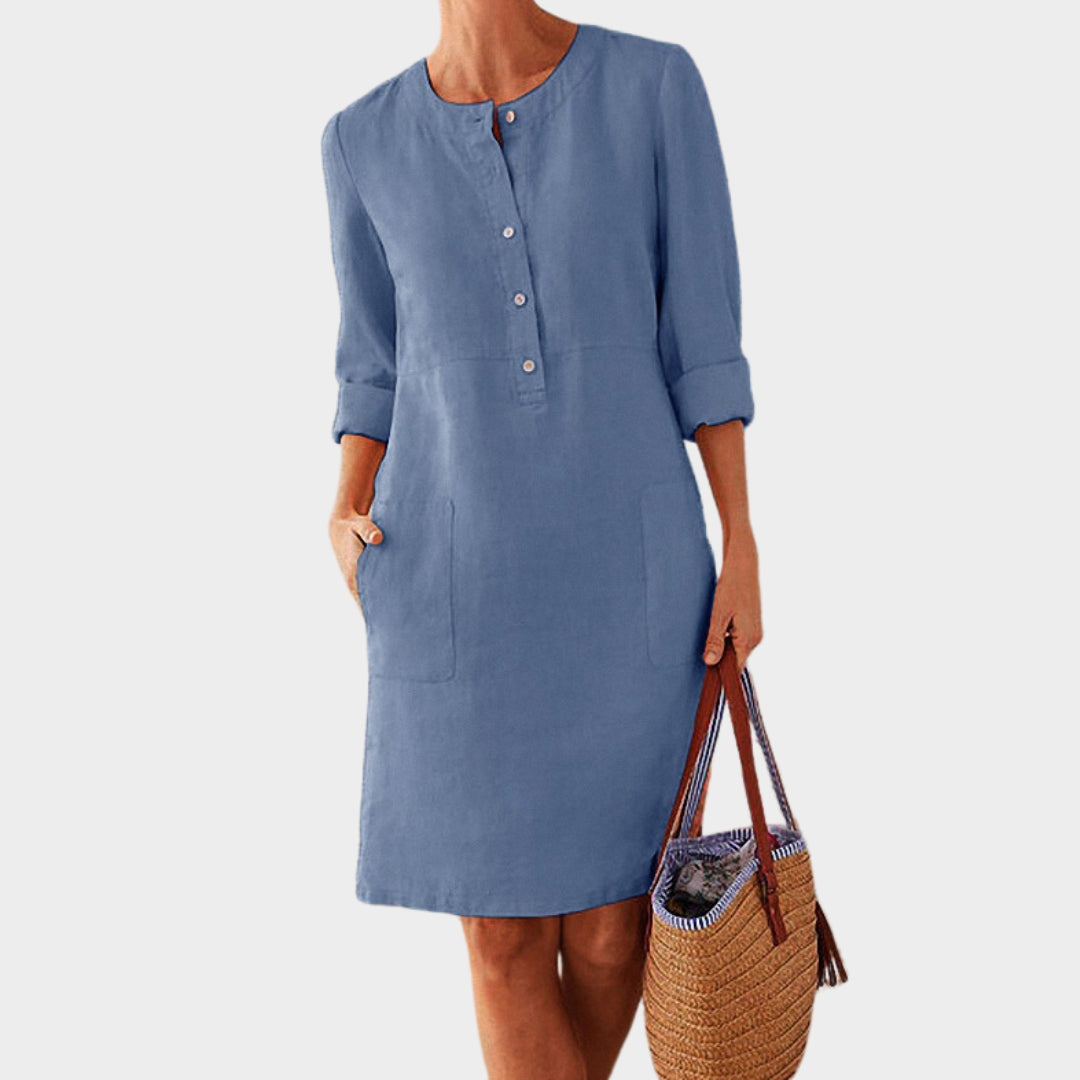 Women's Long Sleeve Tunic Dress – Cotton & Linen – Knee-Length – Multiple Colours