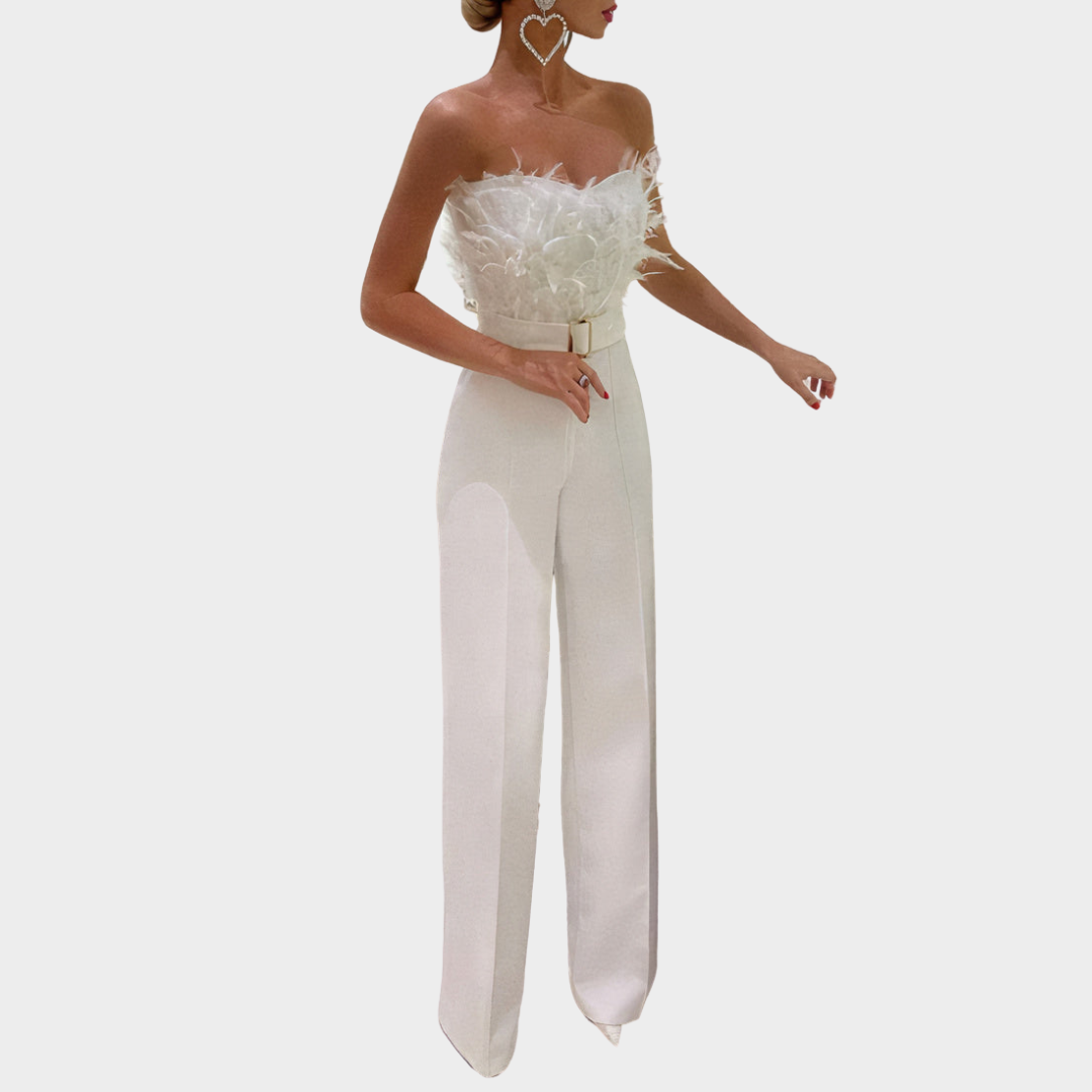 Women's Strapless Jumpsuit – Elegant Feather Detail – Sleeveless – Evening Party Outfit – Multiple Colours