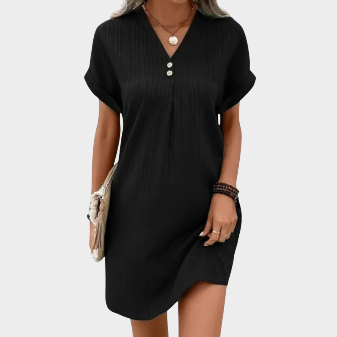 Women’s Dress – Loose Fit – V-Neck – Button Front – Short Sleeve – Multiple Colours