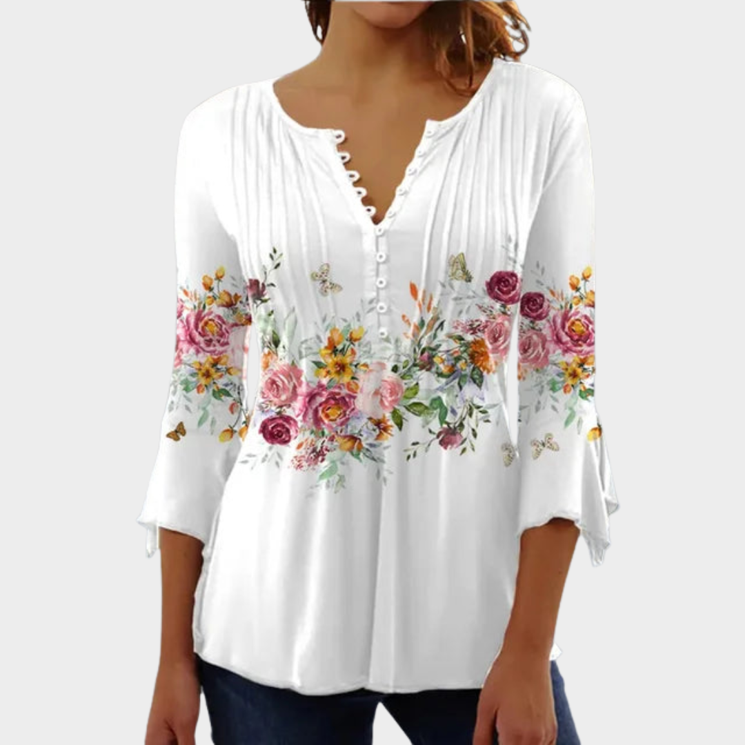 Women’s V-Neck Printed Blouse – Loose Fit Seven-Point Sleeve Casual Top – Lightweight Comfortable Fabric – Multiple Colours