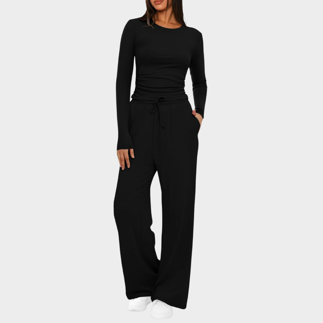 Women Casual Long Sleeve Outfit Set – High Waist Wide Leg Pants with Matching Top – Relaxed Fit Comfortable Sportswear – Multiple Colours