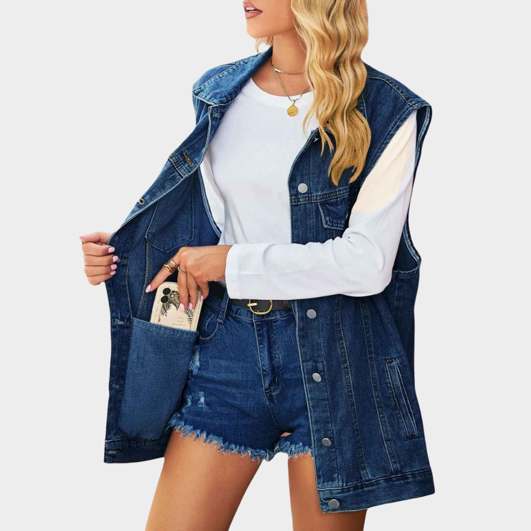 Women's Long Denim Vest - Sleeveless Loose Fit - Button-Up Jeans Coat - Casual Streetwear - Blue